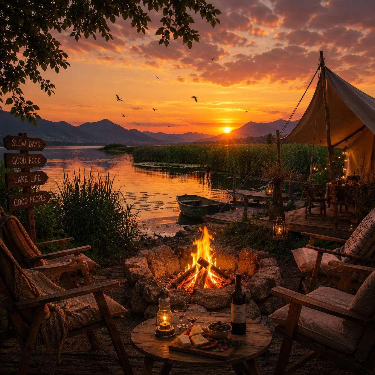 End your day with a glowing sunset, a lakeside campfire and unforgettable moments under the open sky.